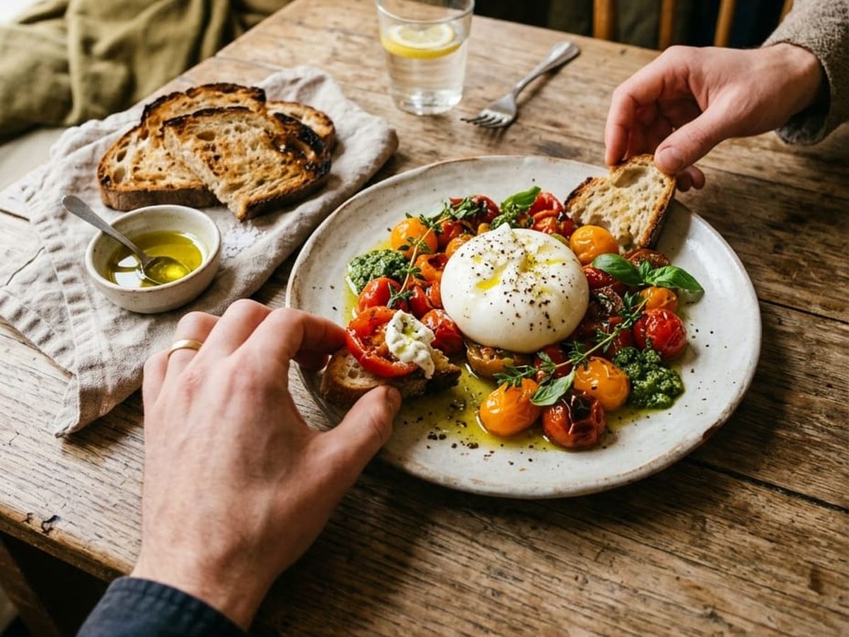 Two people sharing burrata and bread at a wooden restaurant table