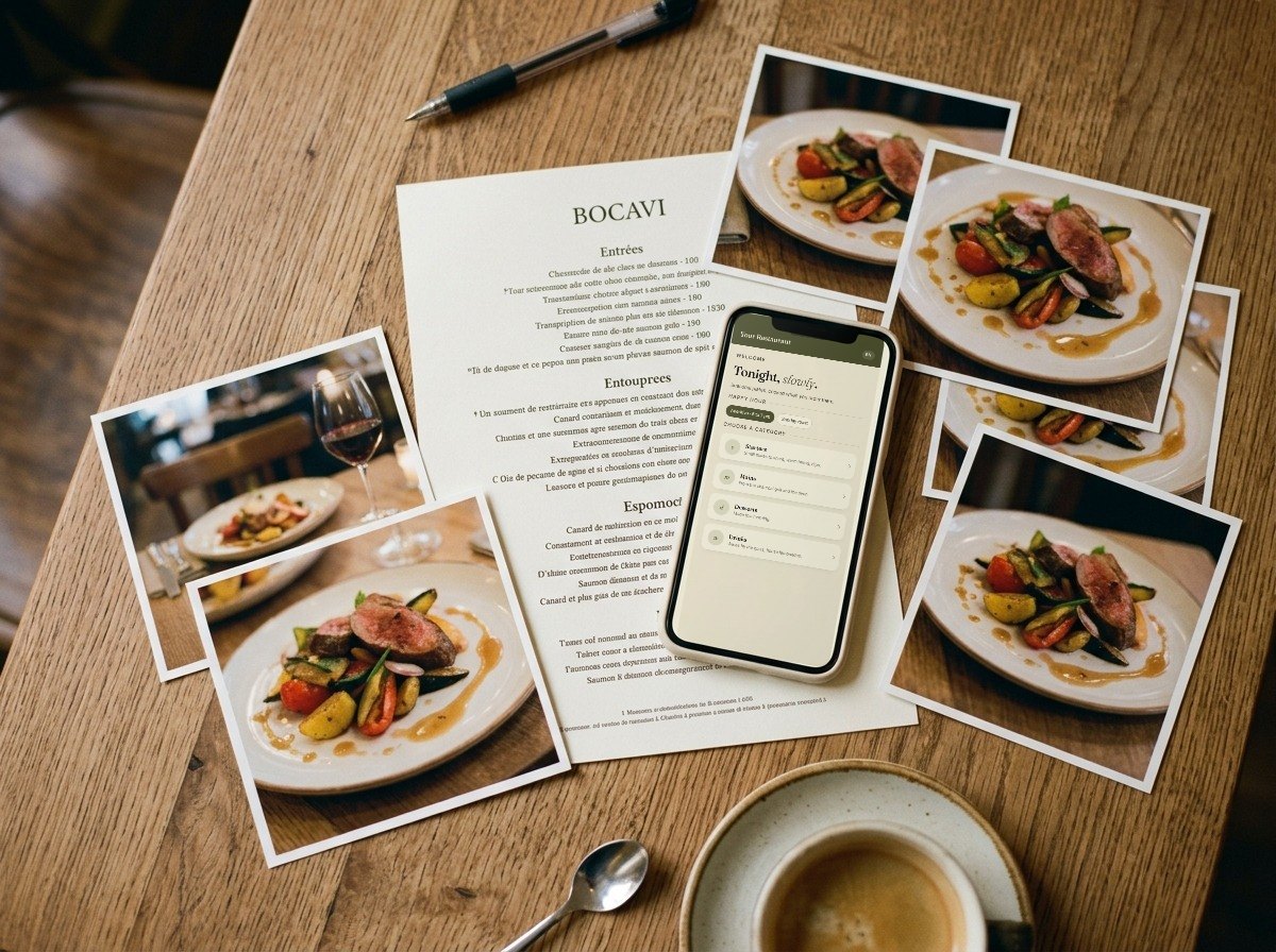 A printed menu, food photos and a phone showing the Bocavi start page, laid out on a wooden table