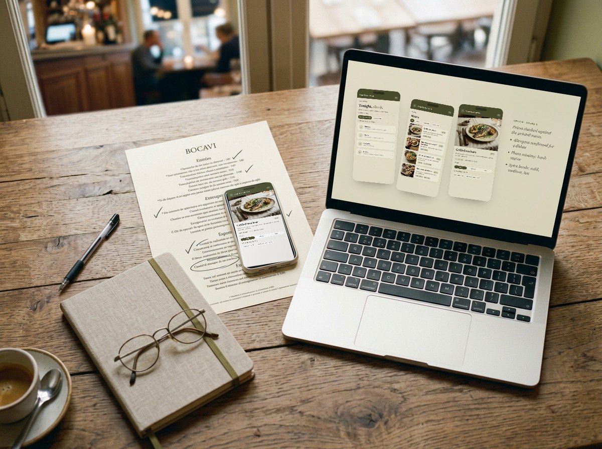 A laptop showing three Bocavi menu screens under review, a marked-up paper menu and a phone with a dish detail