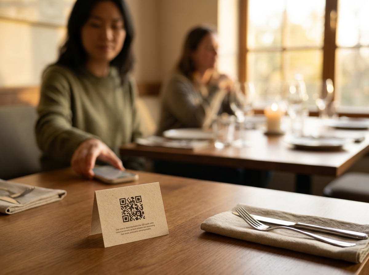 A small QR card standing on a set restaurant table, a guest behind it reaching for her phone