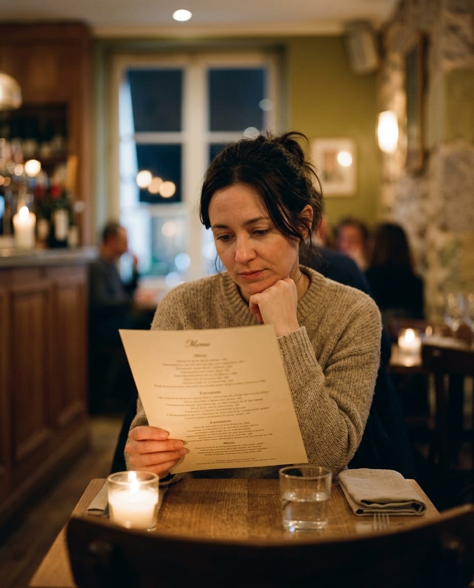 A guest reading a text-only paper menu at a candlelit restaurant table, chin resting on her hand
