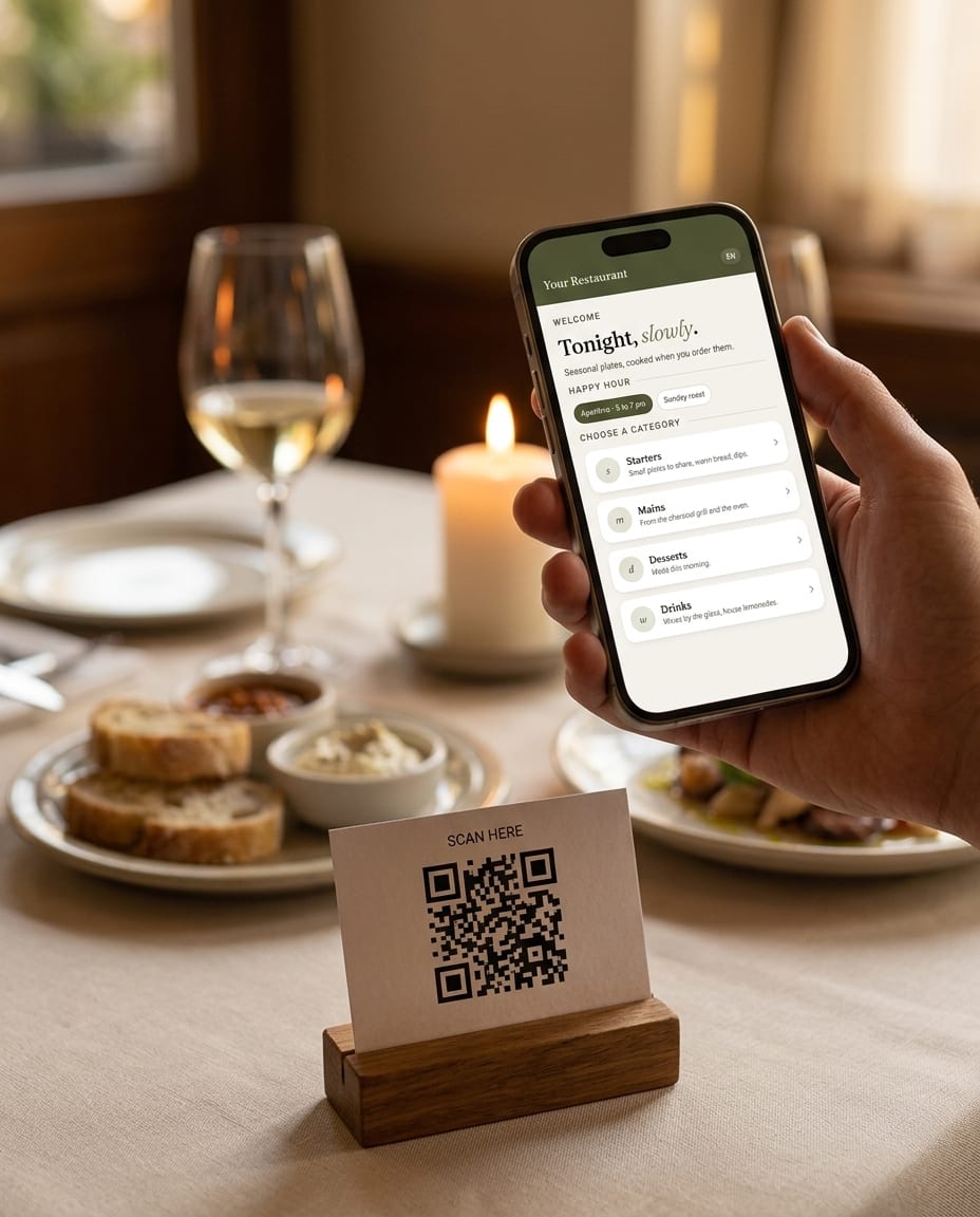 A QR card on a restaurant table and, just above it, a hand holding a phone that has opened the Bocavi menu start page