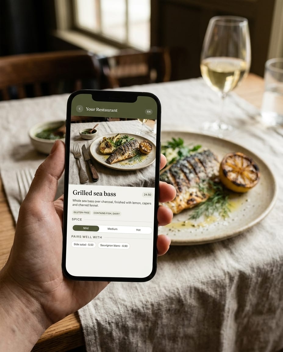 A hand holding a phone with the Bocavi dish page for grilled sea bass, the same dish plated on the table behind