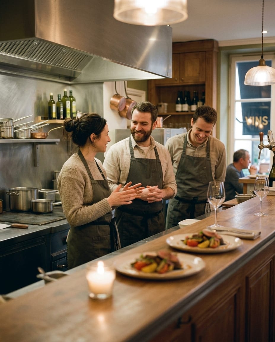 Three restaurant staff in aprons talking at the pass before service, plated dishes waiting on the counter